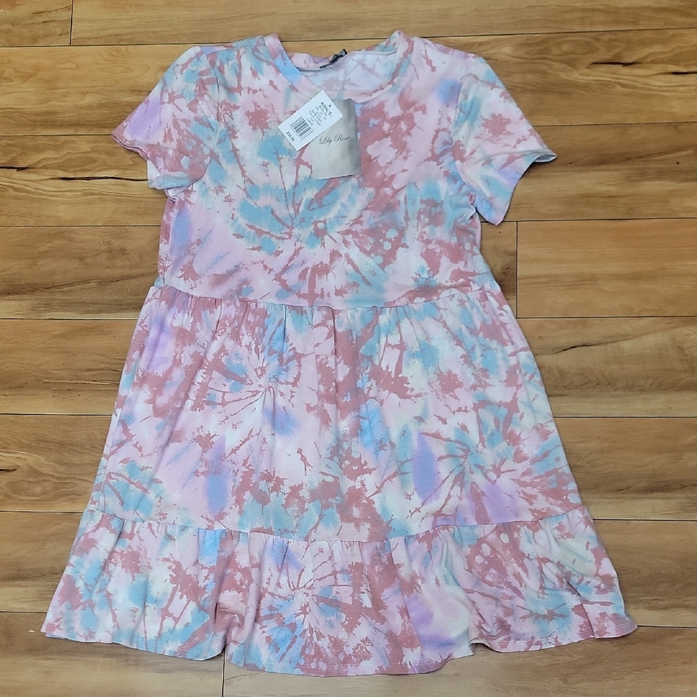 Lily Rose Size LARGE JR Short Sleeve Pastel Tie-Dye Comfy Stretch Dress NEW